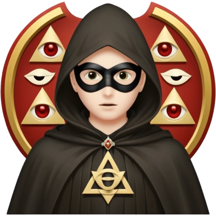 masked person in a cloak, surrounded by faint symbols of secrecy and the Illuminati emoji