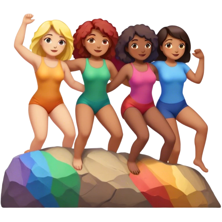 three women of different body types forming human chain, climbing rainbow-colored rock holds emoji