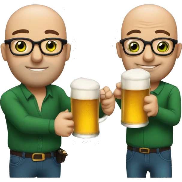2 men, one bald and one with green eyes dark hair and glasses, kissing and holding a beer emoji