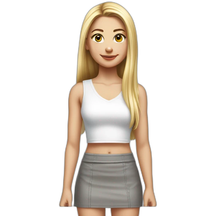 hyperrealist caucasian girl, long straight blonde hair, white v-neck laced crop tanktop, grey tight micro skirt emoji
