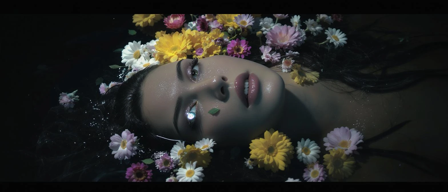Camera drom top, Motion blur Extreme Closeup photo of a beautifull woman lay around beautifull colorfull flowers in water, cinematic light, 8K, very detailed, sharp, depth (foreground, midground, background) Spotlight, dark environemnt emoji