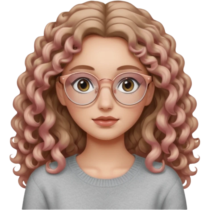 aesthetic white girl with dark blonde, long curly hair and black eyes  , light grey sweater top and rose gold glasses emoji