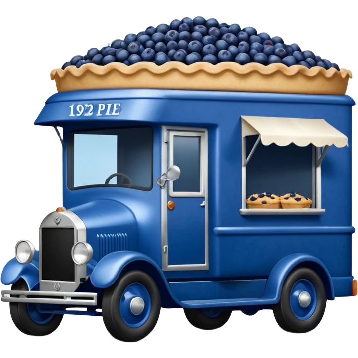 shiny crushed-dark-blue crystal-bodied frozen blueberry pie 1912 antique long-wheelbase cab over durable-looking low rider moving truck food truck  emoji