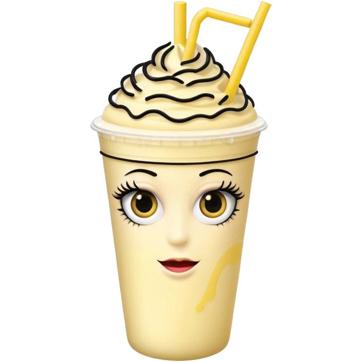 banana milkshake in a take-out cup with glassess and long lashes emoji