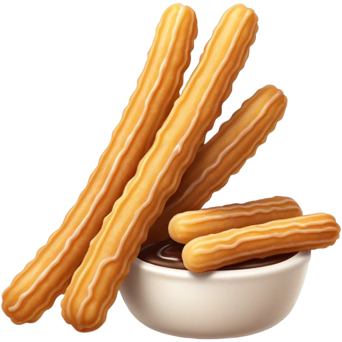 Cinematic Realistic Churros Dessert Emoji, showcasing crispy, golden-brown fried dough sticks dusted with sugar rendered with lifelike detail and warm, inviting lighting. emoji