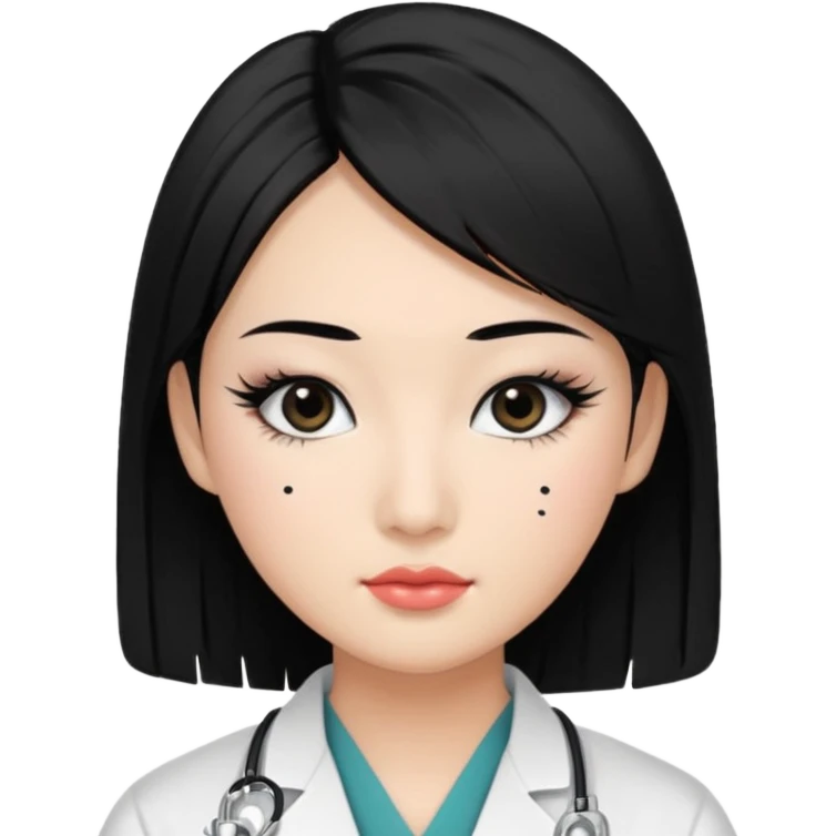 Medical student, black hair, black eyes, false eyelashes, makeup, eyeliner, Asian emoji