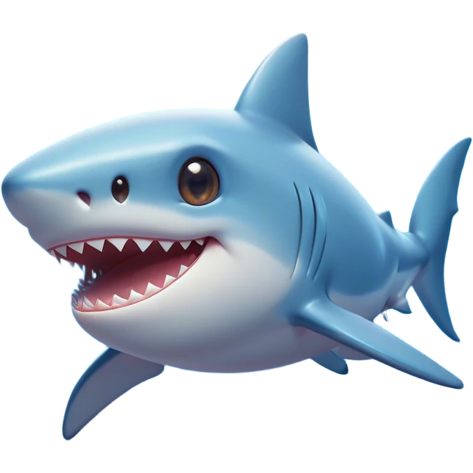 Cinematic Cute Shark Portrait Emoji, Head tilted playfully and inquisitively, featuring a glossy, streamlined body with a subtle shimmering hue and round, sparkling eyes filled with curious charm, Simplified yet irresistibly adorable features, highly detailed, glowing with a warm, friendly glow, high shine, affectionate and sleek, stylized with a touch of marine whimsy, bright and endearing, soft glowing outline, capturing the essence of a mischievous yet loving shark, so playful it feels like it could swim out of the screen into your arms! emoji