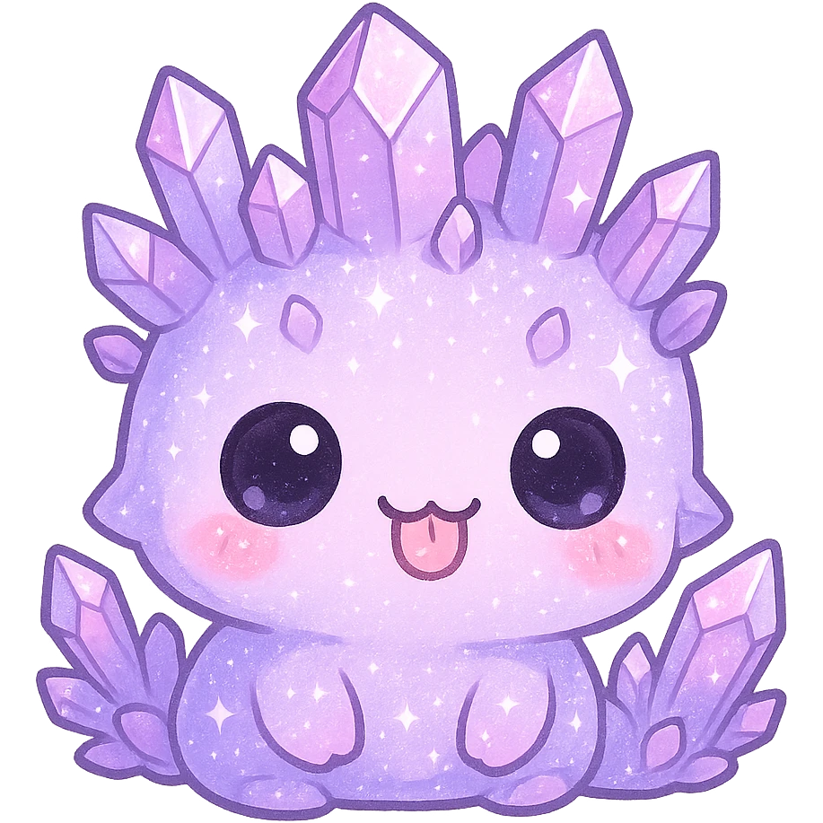 chibi kawaii crystal sprite creature, pastel purple and pink, sticking out tongue, glittery, cute and adorable emoji