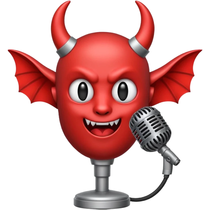 Minimalist emoji-style sticker of a classic retro microphone with small devil horns and a subtle tail wrapping the base. Grayscale with slight red accents.
 emoji