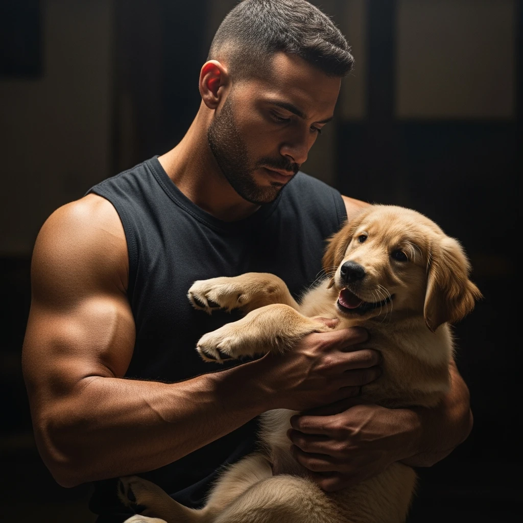 Photo of a musculated man holding puppy golden retriver, low key light emoji