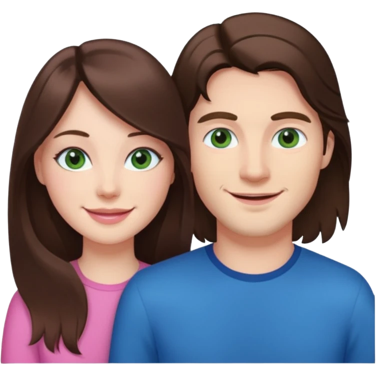 pink polaroid photo of a couple thats white with long brunette hair blue eyes and a white guy with brunette hair and green eyes emoji