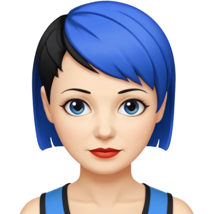 reife frau, vierzig Jahre alt kein kind! freche extreme schwarze Kurzhaarfrisur eine Seite wirklich fast keine Haare andere Seite mit blauer Strähne kurze Seite noch viel kürzer emoji