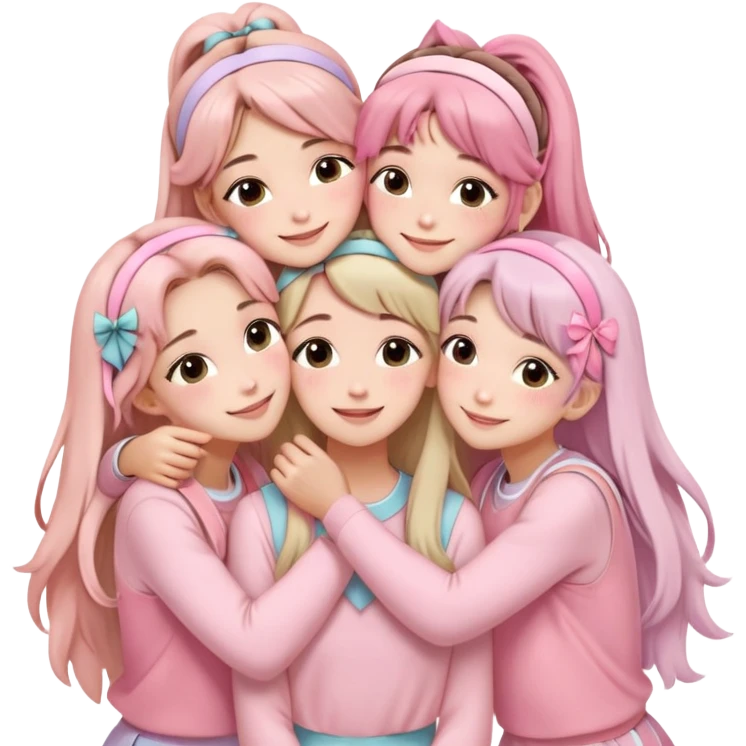 Four girls hugging each other, all wearing soft pink clothes, two with long hair and two with shoulder-length short hair, smiling, with hair accessories like headbands or ribbons, pastel color palette, soft shading, make someone pose with two fingers and someone kisses his cheek emoji
