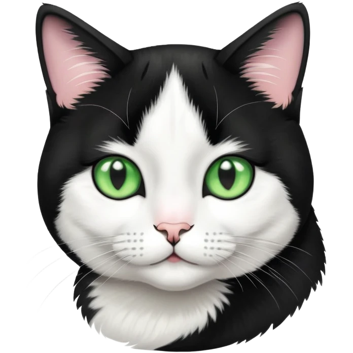 Tuxedo cat face with light green eyes emoji