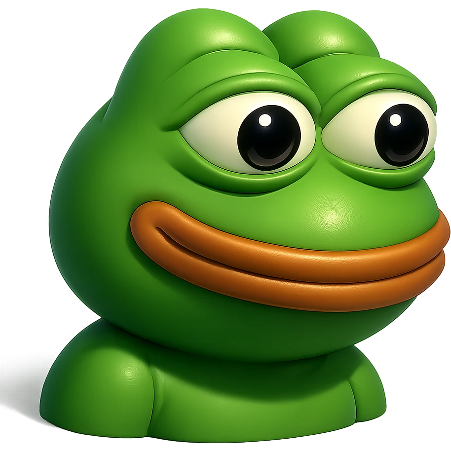 make a pepe in bright green smiling with thought bubble looking at left side in 3d style, good highlights and shadows, drop shadows emoji