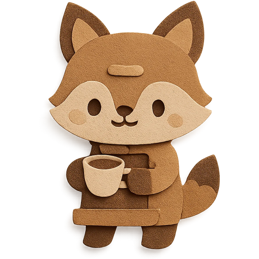 chibi coffee maker-fox hybrid holding a tiny latte cup, soft brown and beige palette, full-body emoji