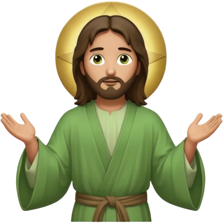 Jesus, green eyes, light green robe. opening arms, gazing thoughtfully. Soft light, subtle fern. Waist-up, profile. emoji