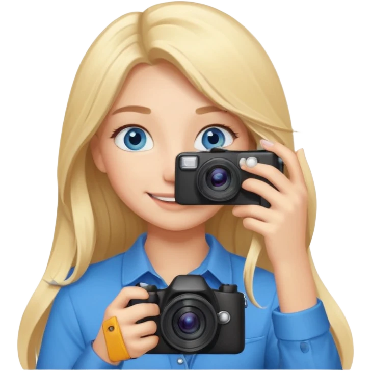  blue eyes blonde girl photographer cartoon taking picture in middle of taking picture camera in front of face long hair smiling funny flash professiona emoji