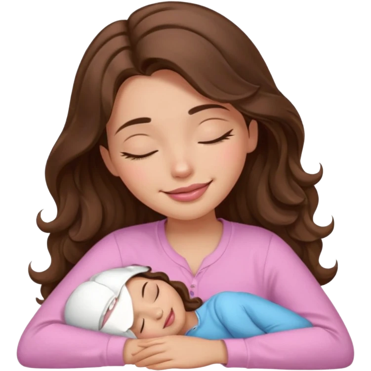 girl with wavy long brown hair, brown eyes, light to medium complexion, long lashes, light pink lipstick, smiling, wearing light pink shirt, sleeping emoji