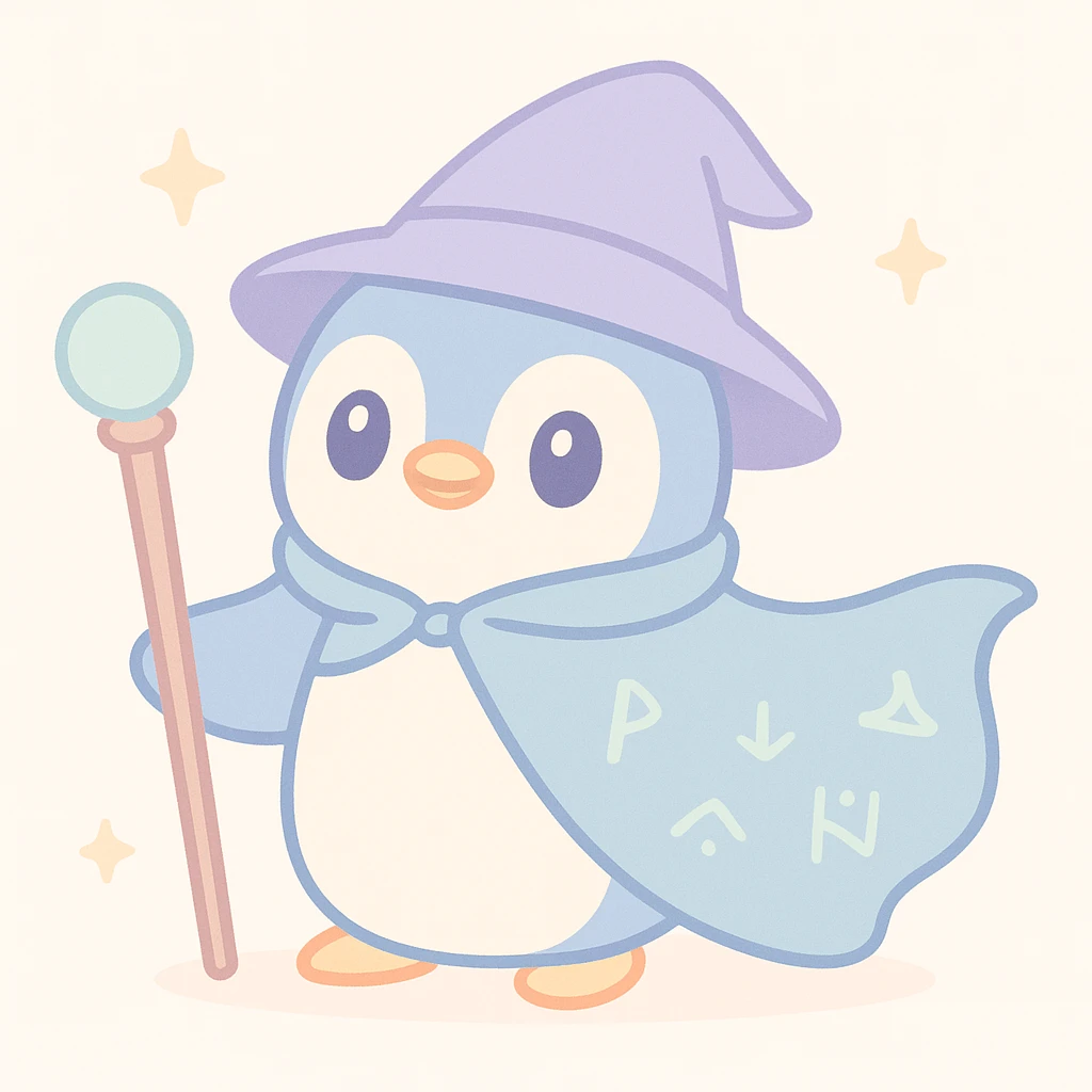 a heroic penguin wizard with a flowing cape, staff, and mystical runes glowing emoji