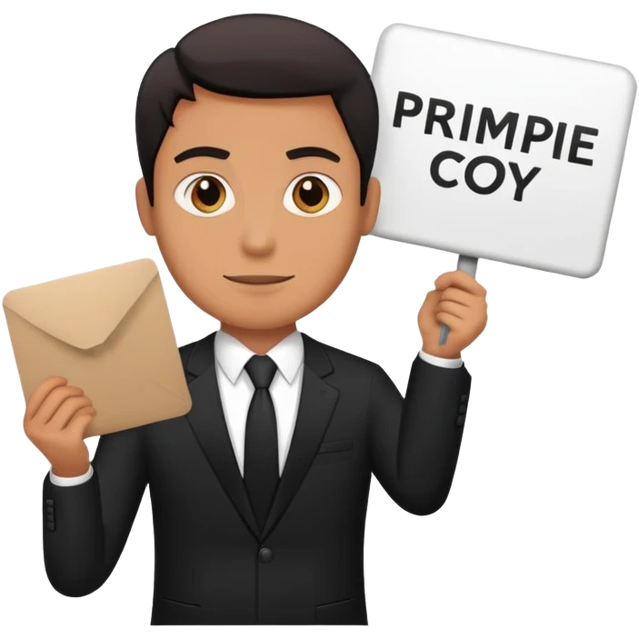 A man in a black suit holds a sign that says PrimeCopy emoji