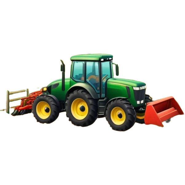 An icon featuring a vibrant rural landscape with a tractor plowing fields, inspired by Farming Simulator 22. The design includes lush green fields, a barn, and a scenic countryside with trees and mountains in the distance. Transparent background emoji
