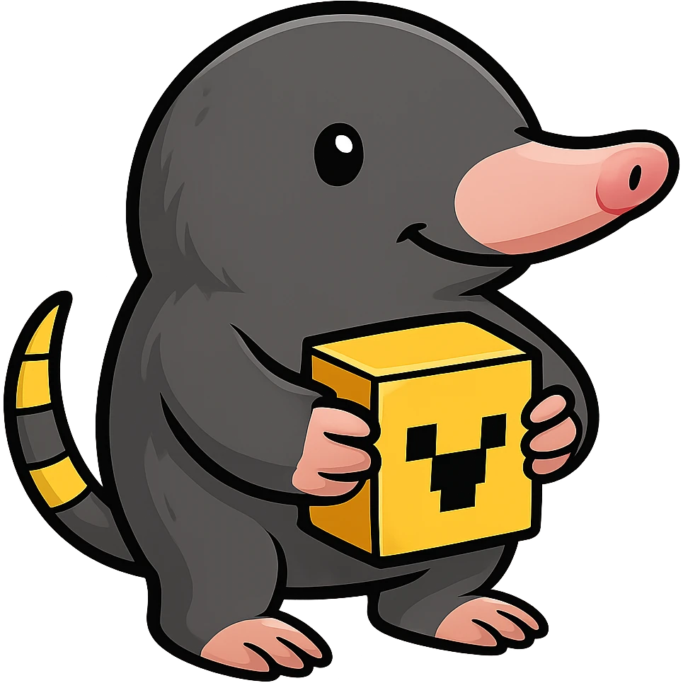 Make the character look more like a real mole with a longer nose, small eyes, and mole-like features, still holding a Minecraft gold block. The style should be cartoonish and cute with no background. emoji