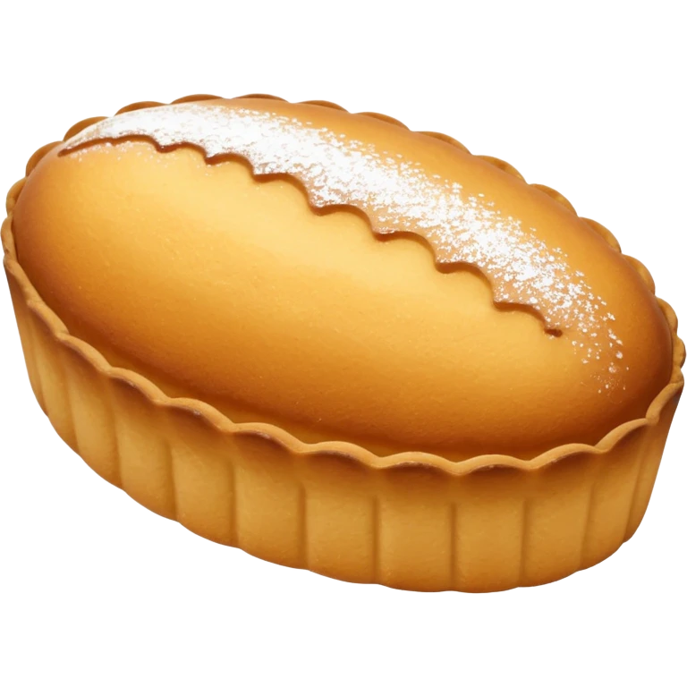 A madeleine pastry. Oval shaped. With scalloped single edge. emoji