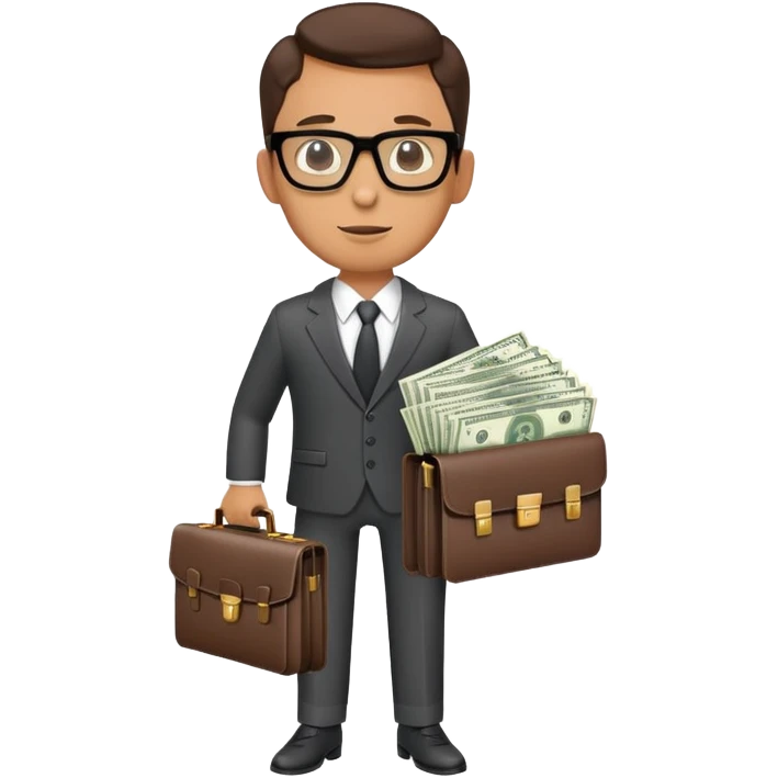 Male businessman wearing a suit and glasses holding open a briefcase showing stacks of dollar bills inside emoji