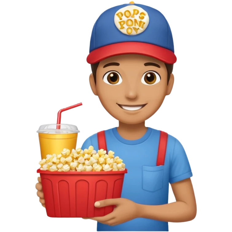 A smiling vendor carrying a tray of popcorn and drinks. emoji