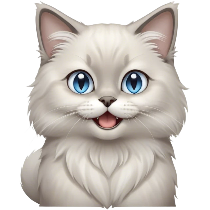 Cinematic Adorable Fluffy Light Grey Mantle Ragdoll Cat Portrait Emoji, Head tilted cutely with big, sparkling blue eyes, soft light grey fur with darker points on the ears, face, and paws, Simplified yet irresistibly adorable features, highly detailed, glowing with a soft, warm glow, high shine, yawning in a peaceful and playful manner, stylized with a touch of whimsy, bright and endearing, soft glowing outline, capturing the essence of a relaxed and loving kitten, so cute it feels like it could leap out of the screen and stretch into a cozy nap! emoji