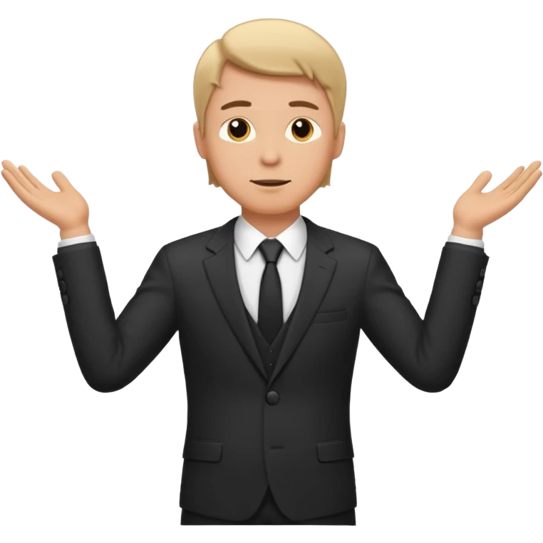 white man in formal suit spreads his arms, face thinking emoji