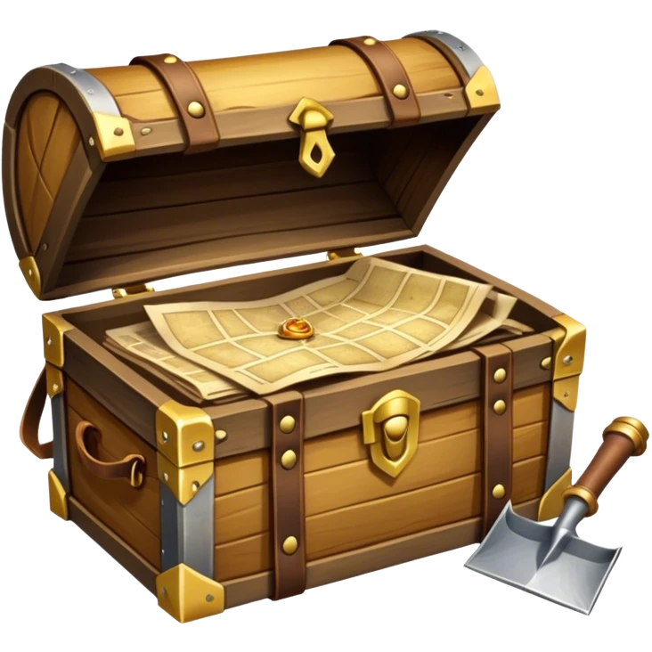 An icon showcasing a treasure chest filled with gold, a treasure map rolled up beside it, a backpack and shovel. The design captures the essence of treasure hunting, exploration, and excitement, set on a transparent background to emphasize the thrill of discovery. emoji