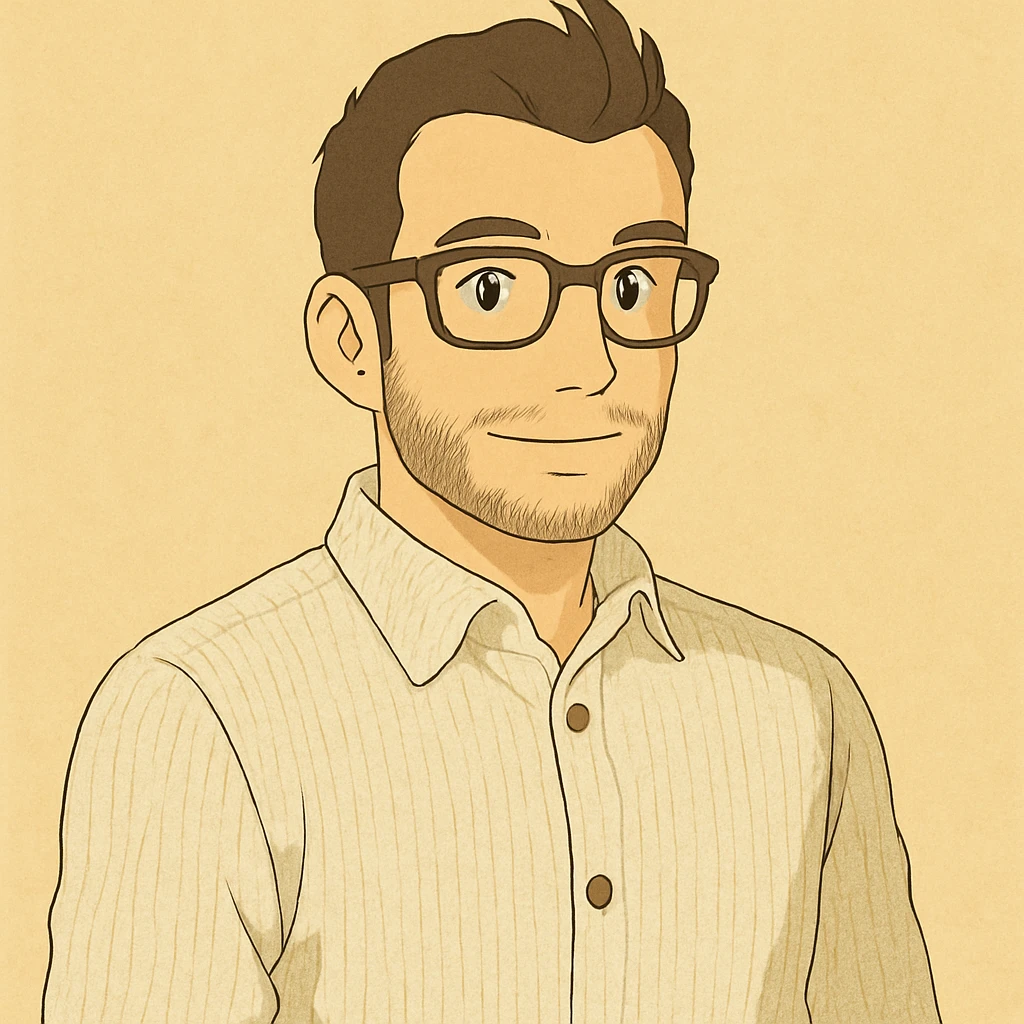Change the shirt to a ribbed textured linen fabric and make the smile a little smaller, keeping the rest of the Ghibli style portrait unchanged. emoji