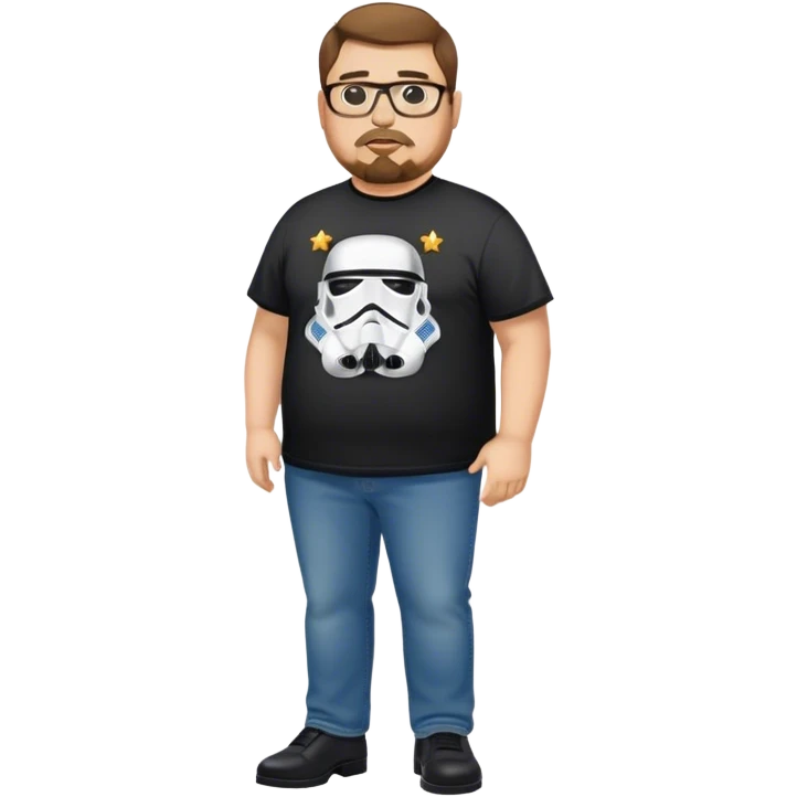 overweight Caucasian man, brown hair, goatee, glasses wearing a star wars t-shirt, jeans and black dress shoes.  emoji