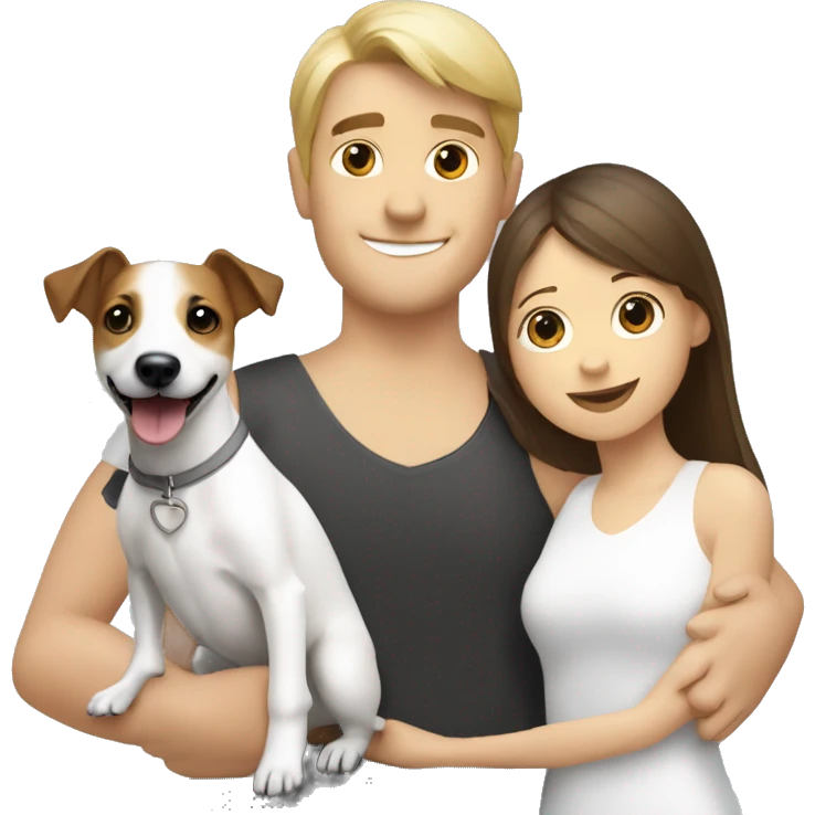 Jack Russell Terrier in the arms of a blonde girl and a brunette man  emoji