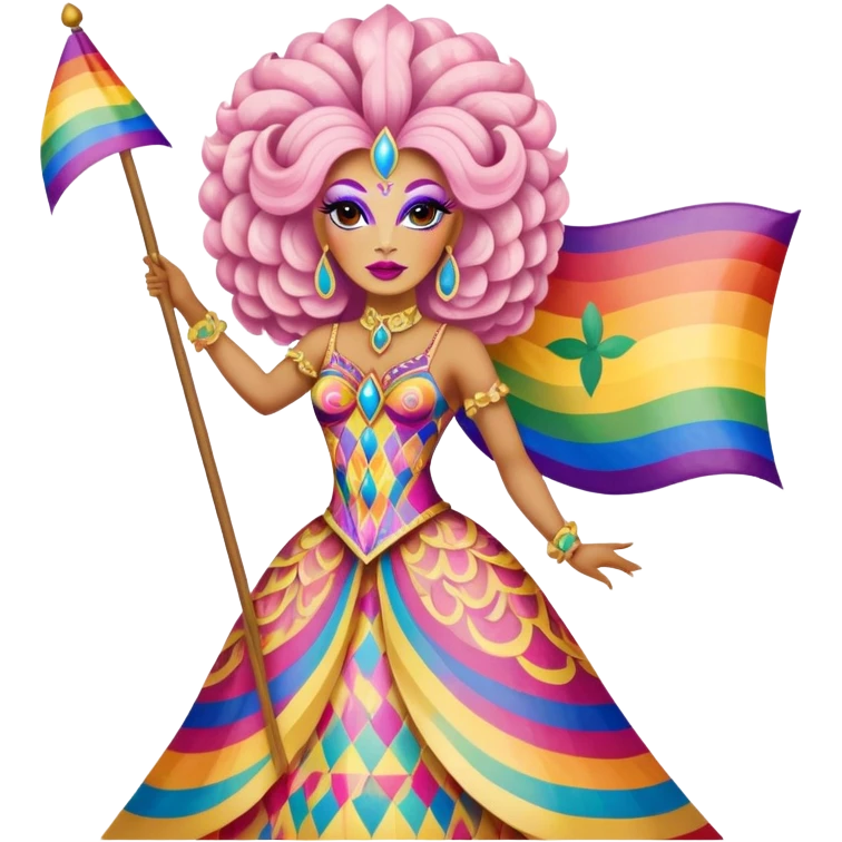 drag queen on a fantastical alebrije, holding LGBTQ flag emoji
