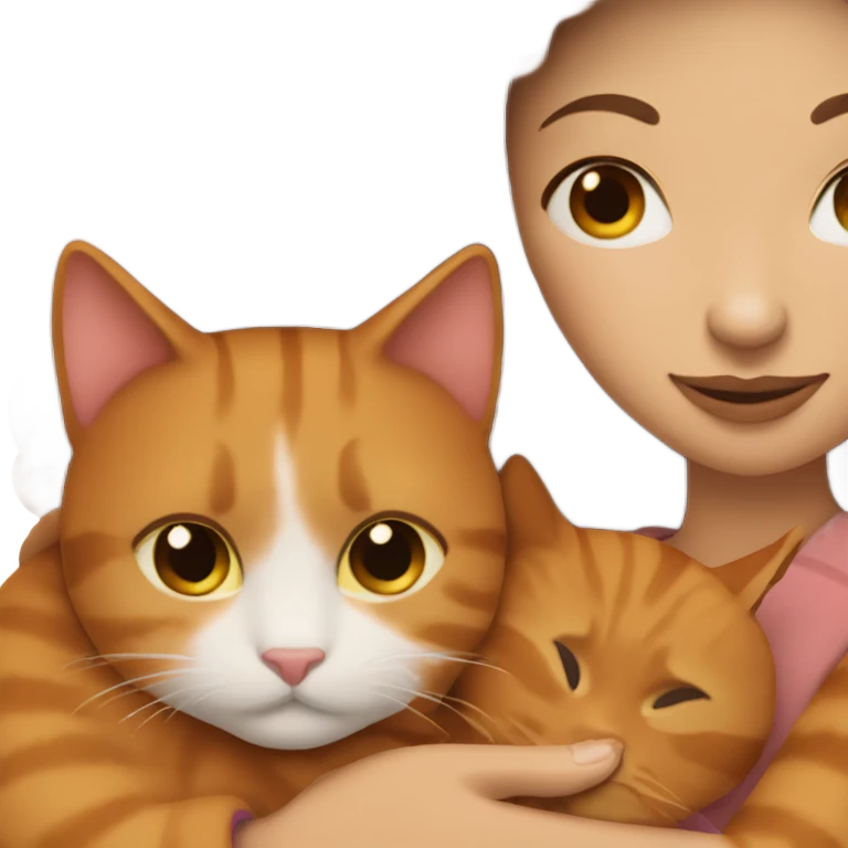 Brunette woman snuggling ginger cat emoji