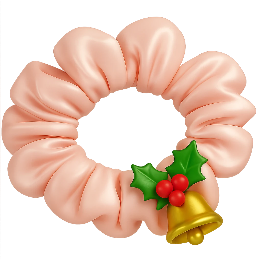 Add small holly leaves and berries next to the Christmas bell charm on the pastel pink silky scrunchie, keep the 3D emoji style and shimmer effect. Remove the background. The original style is 3D emoji style which does not support editing, so use a general style editor while respecting the 3D emoji look. emoji