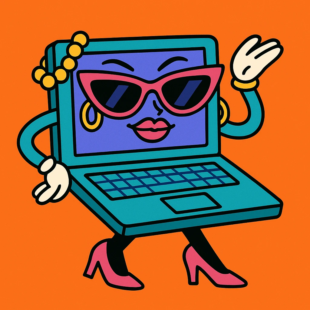 a laptop with high heels, sunglasses, jewelry, exuding confidence and style, dress to impress in your computer emoji