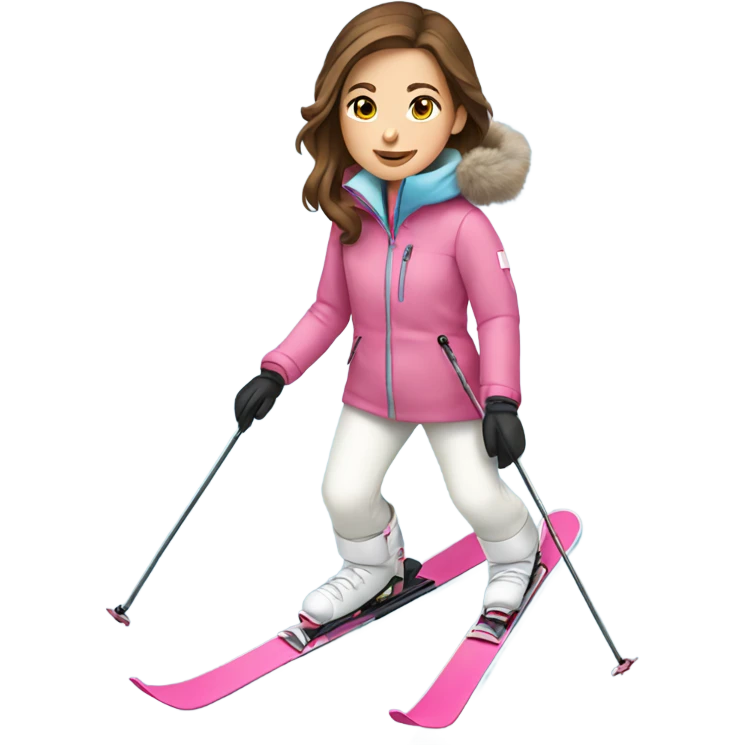 Girl with brown hair skiing with pink skis and wearing a light blue coat and white snow pants emoji