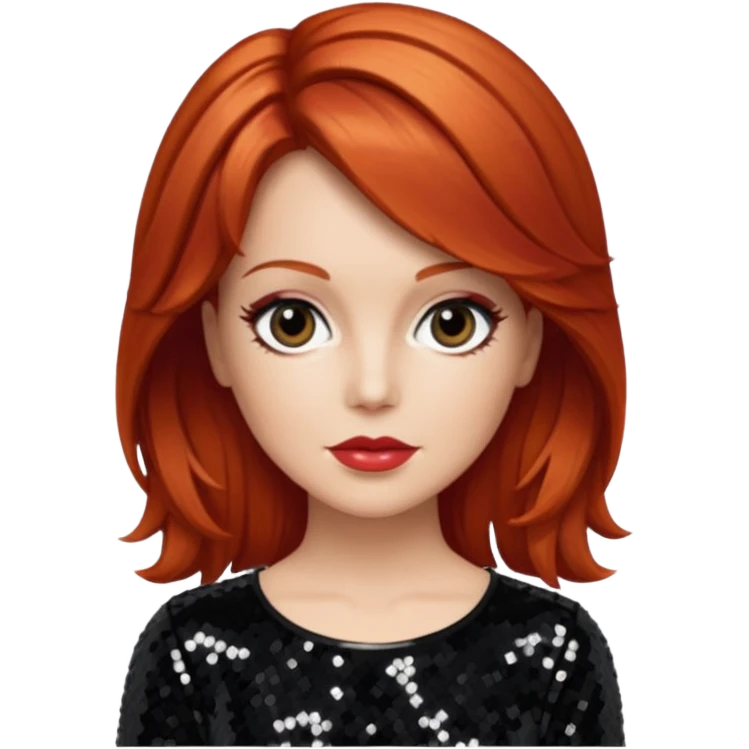 Lee Purcell with medium red hair,  black sequin outfit  emoji