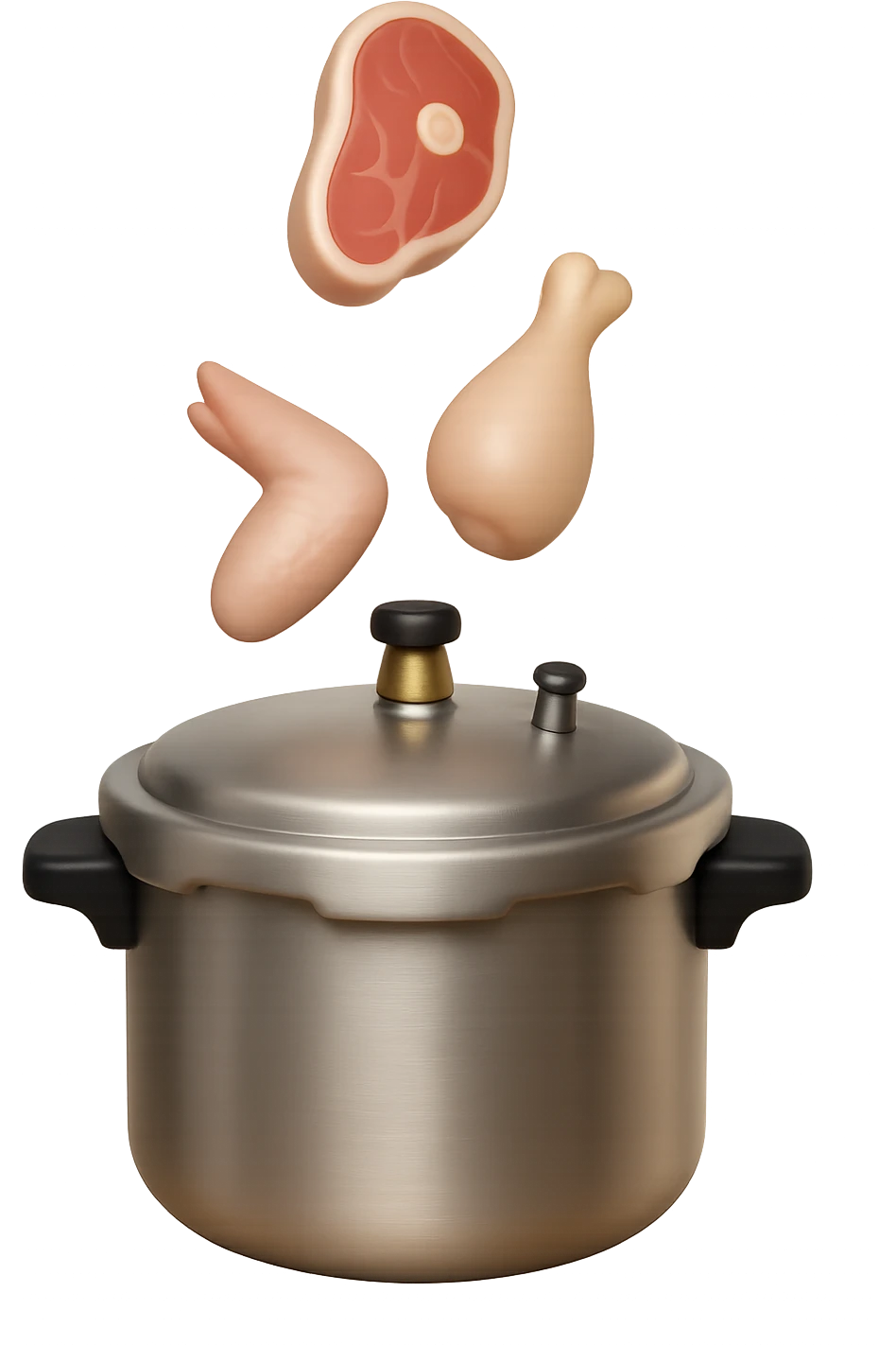 emoji stile iphone in 3d di una pentola a pressione dentro cui cadono agnello, pollo e tacchino crudi da cuocere, iperrealistico 4k emoji