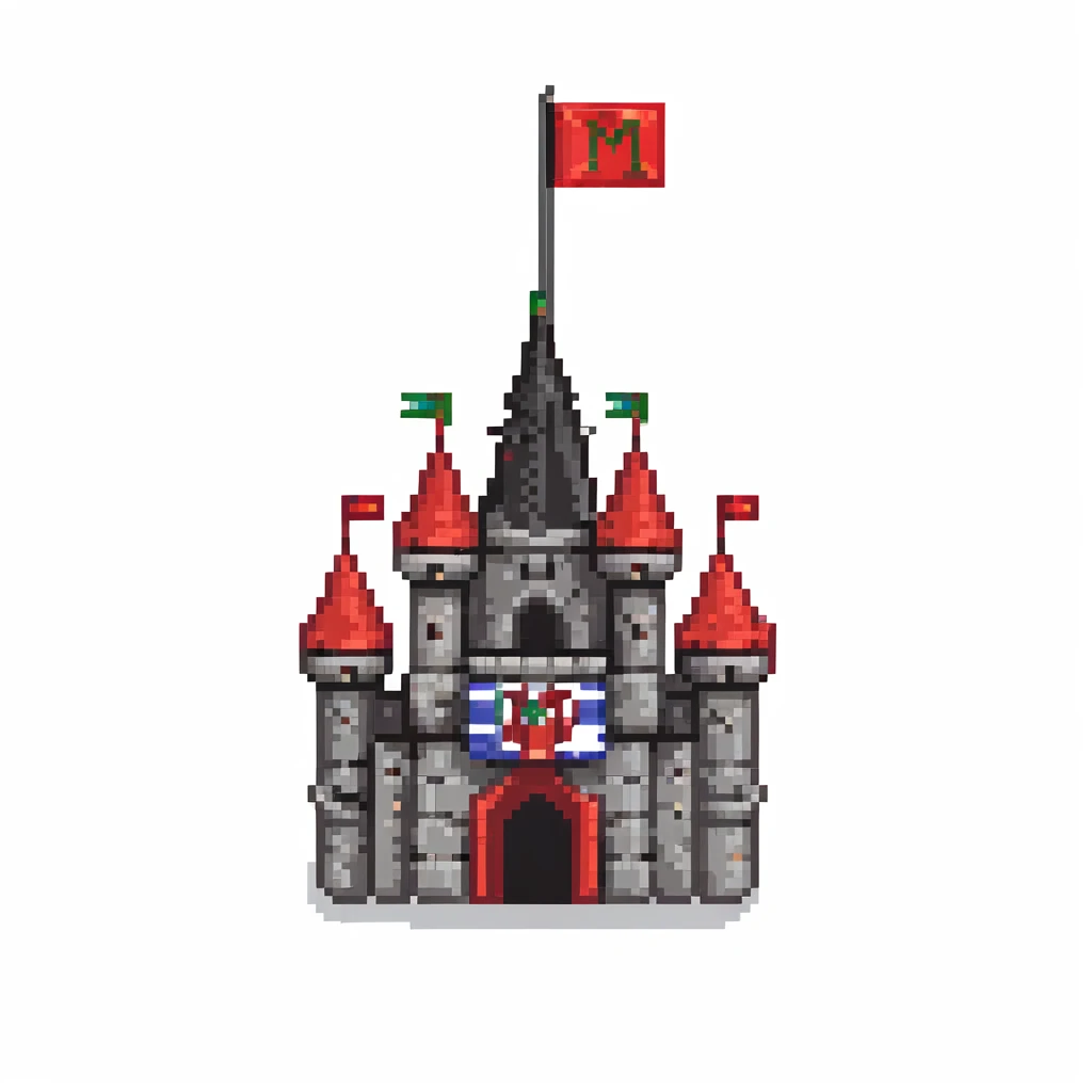 black and red castle with a flag that has the letter M drawn on it emoji