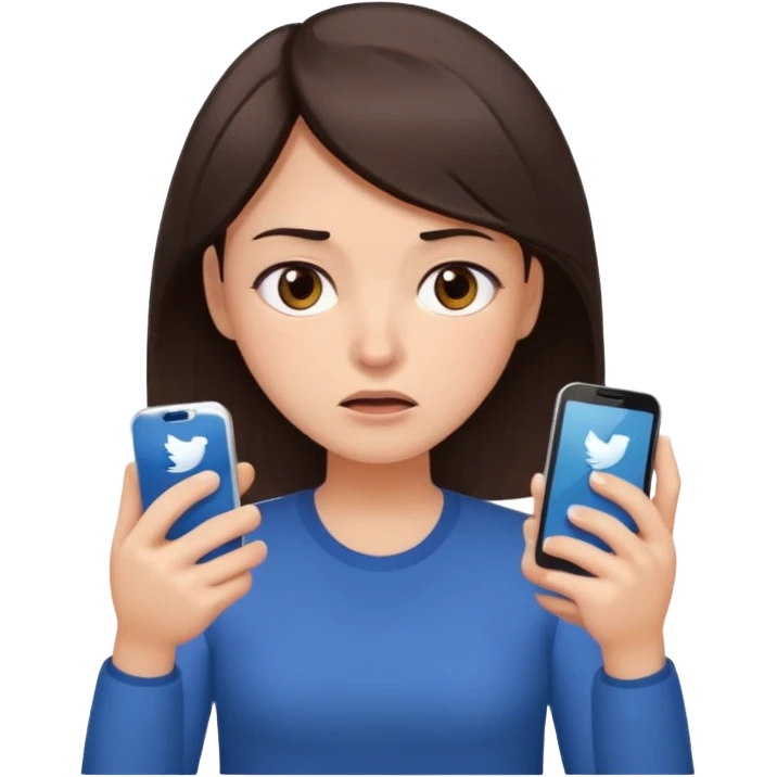 Social media manager. She has dark brown hair, brown eyes, overwhelmed expression, tired eyes, slightly stressed face,a holding a smartphone with notifications piling up emoji