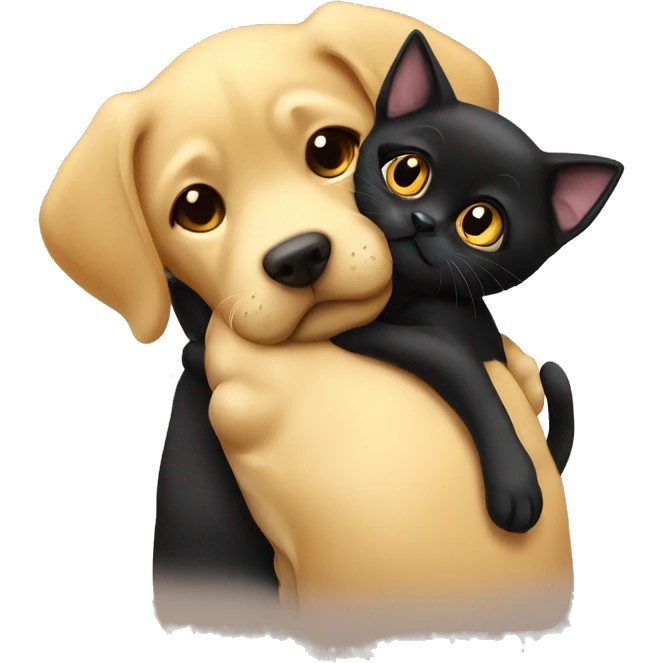 Small black kitten cuddling with big dark yellow Labrador dog emoji