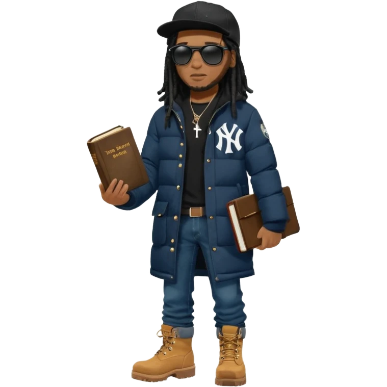 African American man with shoulder length black dreadlocks and black sunglasses wearing a black New York Yankees baseball hat with a North Face brand bubble winter coat with denim skinny jeans and timberland boots walk holding a holy bible emoji