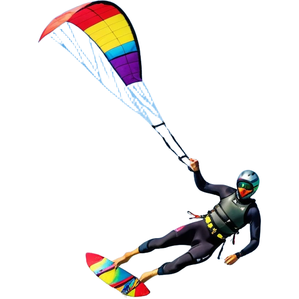 A vibrant kite soaring high in the sky, attached to a kiteboarder riding the waves below. The scene is filled with bright colors, capturing the energy of the sport. The background features the ocean, wind-blown waves, and a clear sky, showcasing the excitement and freedom of kiting. emoji
