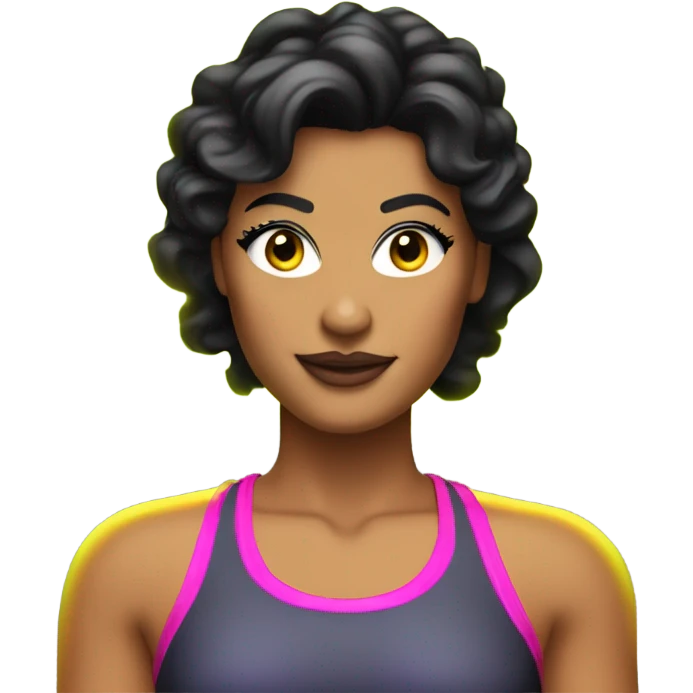 Tanned woman with black hair dressed in 1980s fitness hair, makeup, and neon attire  emoji