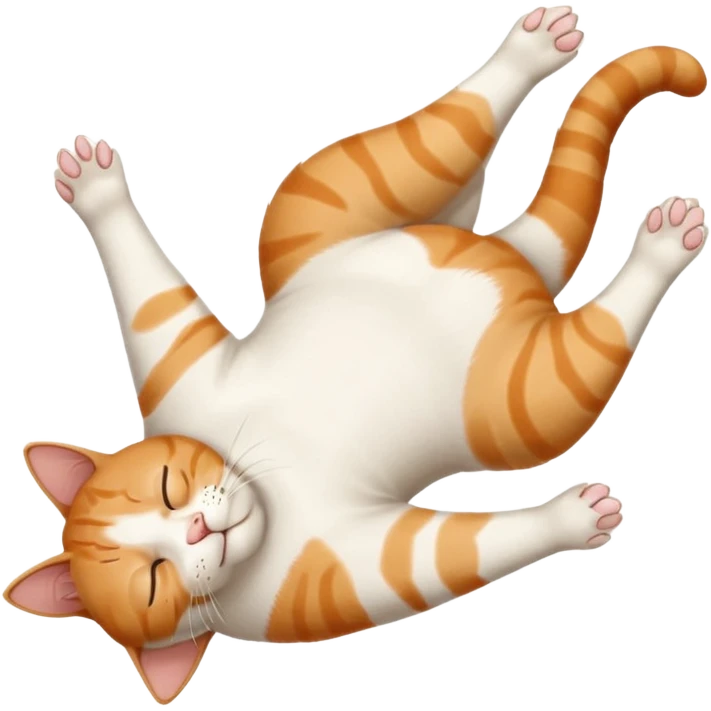 ginger and white small cat eyes closed lying down upside down with paws stretched out straight in different directions emoji